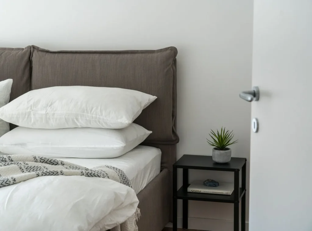 Bed with clean white bedding and a side table