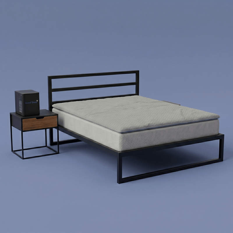 Good Sleep cooling and heating mattress topper on a bed frame